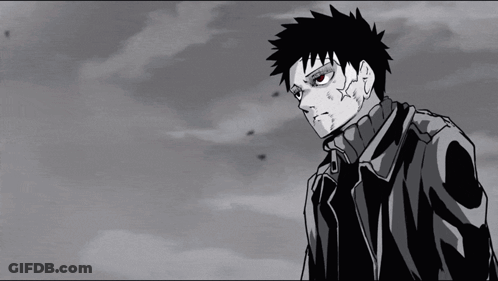 A Black And White Drawing Of A Young Man With Red Eyes GIF