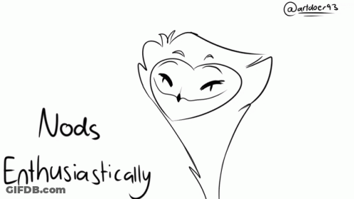 A Black And White Drawing Of An Owl With A Heart Shaped Face And The Words `` Nods Enthusiastically '' . GIF
