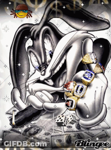 A Black And White Drawing Of Bugs Bunny Wearing Rings GIF