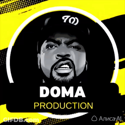 A Black And White Drawing Of Ice Cube With The Words Doma Production Below Him GIF