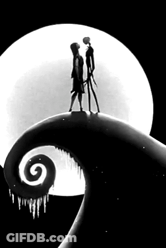 A Black And White Drawing Of Jack And Sally Kissing GIF