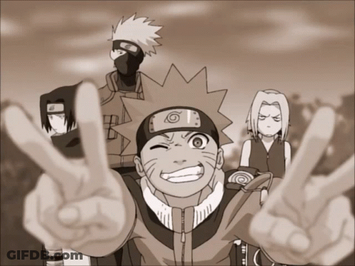 A Black And White Drawing Of Naruto And His Friends Giving The Peace Sign GIF