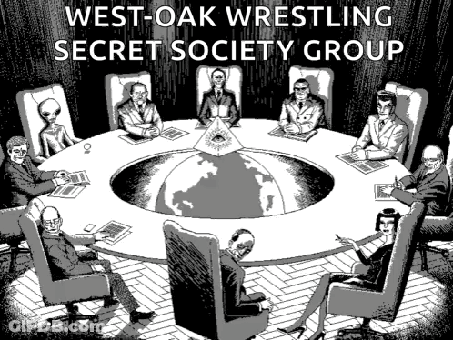 A Black And White Drawing Of People Around A Round Table With The Words West-Oak Wrestling Secret Society Group GIF