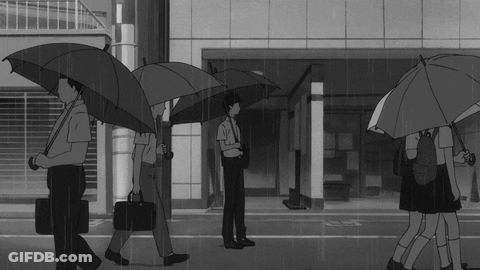 A Black And White Drawing Of People Walking In The Rain With Umbrellas GIF