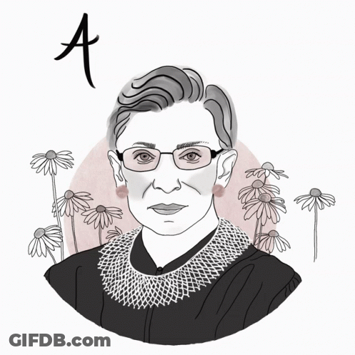 A Black And White Drawing Of Ruth Bader Ginsburg With The Words All Rise Below Her GIF