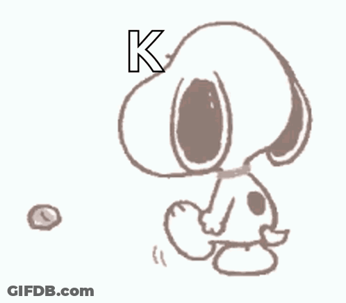 A Black And White Drawing Of Snoopy Holding A Ball With The Letter K Above Him . GIF