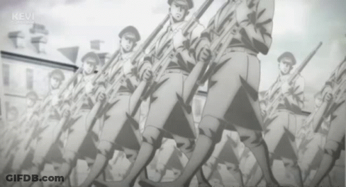 A Black And White Drawing Of Soldiers Marching With Guns And The Word Kevin On The Bottom GIF