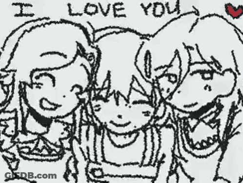 A Black And White Drawing Of Three Girls With The Words I Love You Written On The Bottom GIF