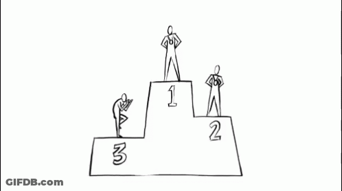 A Black And White Drawing Of Three Stick Figures Standing On A Winner 'S Podium . GIF
