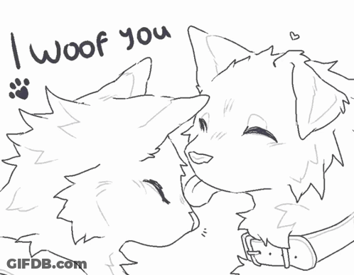 A Black And White Drawing Of Two Animals With The Words " I Woof You " Written Below Them GIF