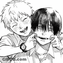 A Black And White Drawing Of Two Boys Hugging Each Other And Smiling . GIF