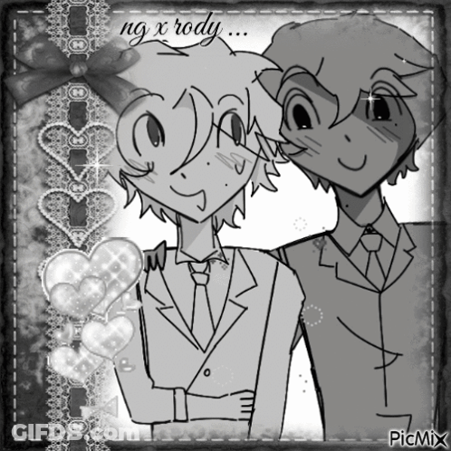 A Black And White Drawing Of Two Boys With The Words Ng X Rody Written Above Them GIF