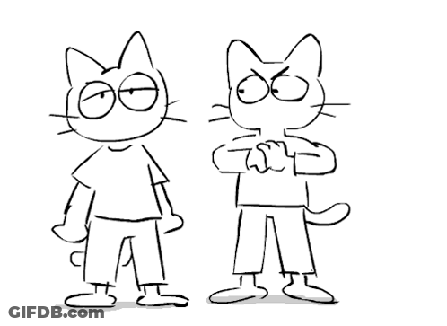 A Black And White Drawing Of Two Cartoon Cats Standing Next To Each Other On A White Background . GIF