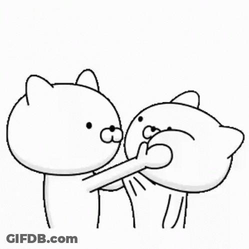 A Black And White Drawing Of Two Cartoon Cats Standing Next To Each Other On A White Background . GIF