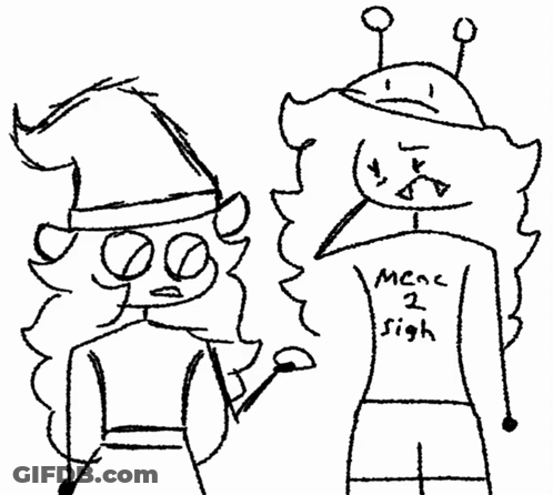A Black And White Drawing Of Two Cartoon Characters One Of Which Is Wearing A Shirt That Says " Meme 2 Sigh " GIF