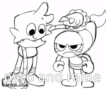A Black And White Drawing Of Two Cartoon Characters With The Words Pyro And Raine Above Them GIF