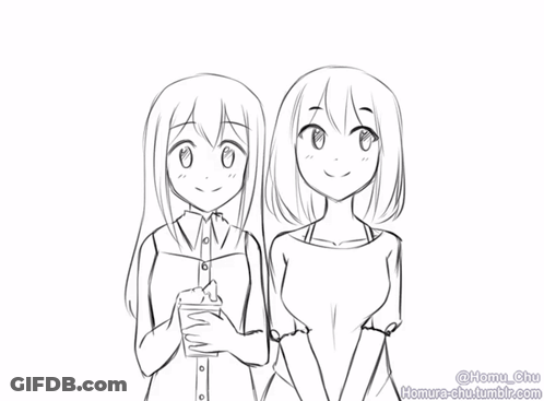 A Black And White Drawing Of Two Girls With The Name Homura-Chu Tumblr.com GIF