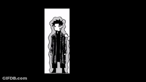 A Black And White Drawing Of Two Men Standing Next To Each Other . One Of The Men Is Wearing A Coat . GIF