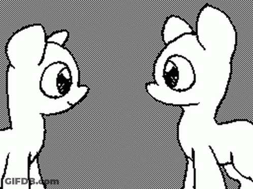A Black And White Drawing Of Two Ponies Standing Next To Each Other Looking At Each Other . GIF