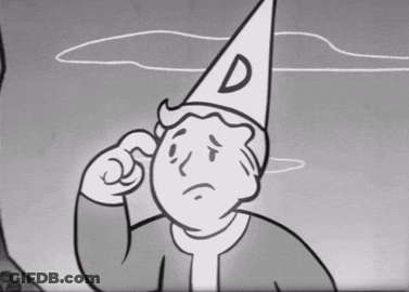 A Black And White Drawing Of Vault Boy Wearing A White Hat With The Letter D On It GIF