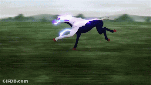 A Black And White Horse Is Running In The Grass GIF