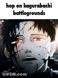 A Black And White Image Of A Boy With Blood On His Face And The Words Hop On Kagurabachi Battlegrounds GIF