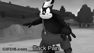 A Black And White Image Of A Cartoon Character With The Words Back Pain Written Below Him GIF
