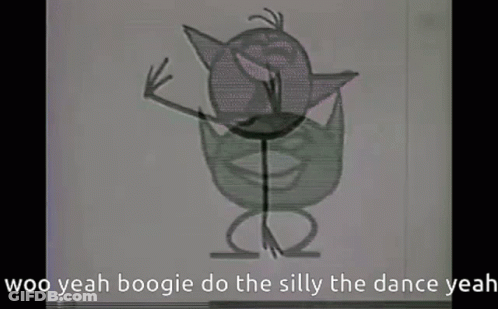 A Black And White Image Of A Cartoon Character With The Words Woo Yeah Boogie Do The Silly The Dance Yeah . GIF