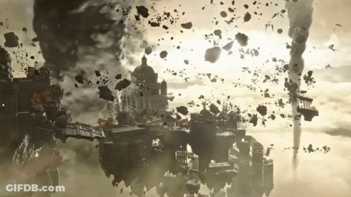A Black And White Image Of A Castle Surrounded By Clouds And Rocks GIF