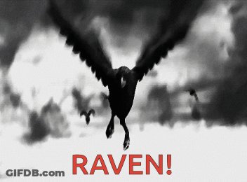 A Black And White Image Of A Crow With The Word Raven In Red Letters GIF