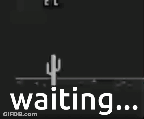 A Black And White Image Of A Dinosaur And A Cactus With The Words " Waiting " Below It GIF