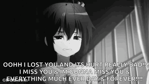 A Black And White Image Of A Girl Crying With The Words `` I Miss You '' . GIF