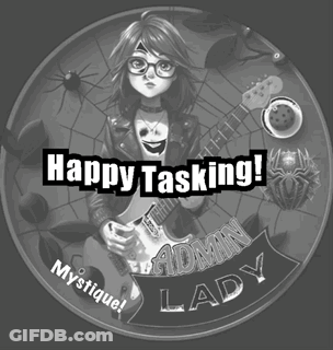 A Black And White Image Of A Girl Holding A Guitar With The Words Happy Tasking Admin Lady GIF