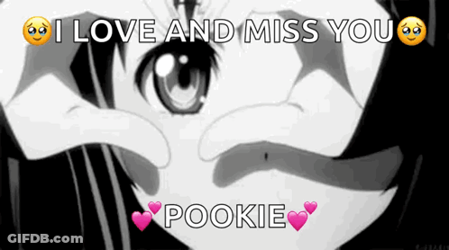 A Black And White Image Of A Girl Making A Heart With Her Hands And The Words I Love And Miss You Pookie . GIF