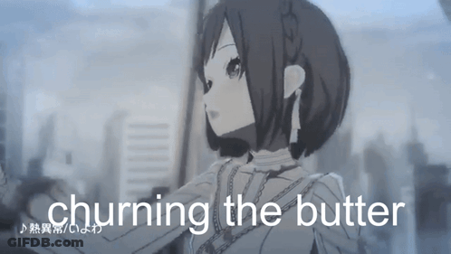 A Black And White Image Of A Girl With The Words Churning The Butter Below Her GIF