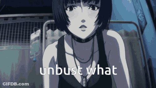 A Black And White Image Of A Girl With The Words " Unbust What " Written Below Her GIF
