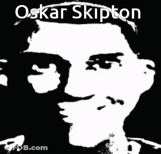 A Black And White Image Of A Man With The Name Oskar Skipton GIF