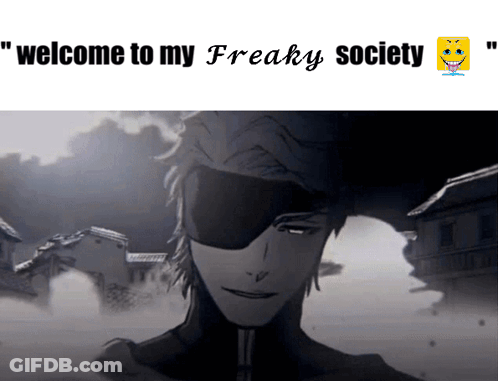 A Black And White Image Of A Man With The Words Welcome To My Freaky Society Below Him GIF