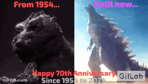 A Black And White Image Of A Monster With The Words Happy 70Th Anniversary Since 1954 To 2024 GIF