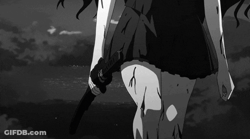 A Black And White Image Of A Person Holding A Sword GIF