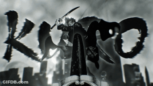 A Black And White Image Of A Person Holding A Sword With The Word Kuro In The Background GIF