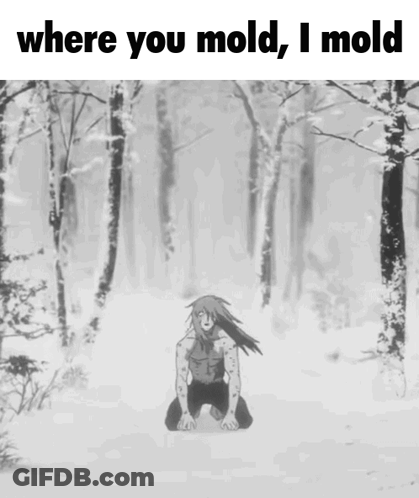 A Black And White Image Of A Person Kneeling In The Snow With The Words Where You Mold I Mold GIF