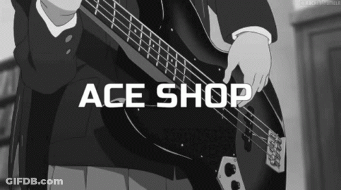 A Black And White Image Of A Person Playing A Bass Guitar With Ace Shop Written In White GIF