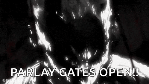 A Black And White Image Of A Person With Flames Coming Out Of Their Mouth And The Words `` Parlay Gates Open '' . GIF