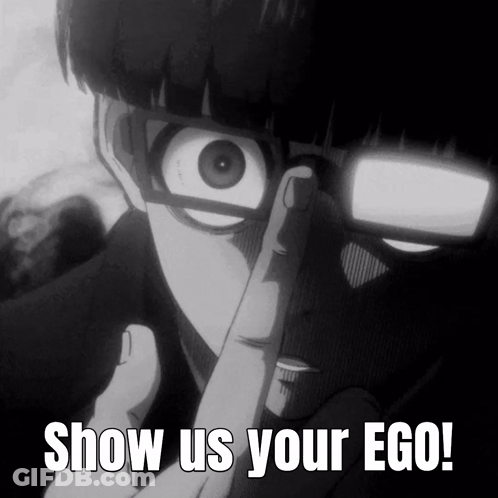 A Black And White Image Of A Person With Glasses And The Words Show Us Your Ego GIF