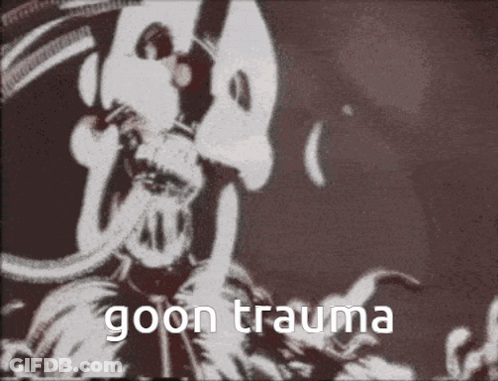 A Black And White Image Of A Skeleton With The Words `` Goon Trauma '' Written On It . GIF