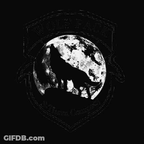 A Black And White Image Of A Wolf Howling At The Moon With The Words Wolf Pack On The Bottom GIF