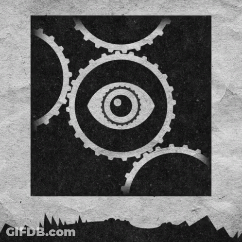 A Black And White Image Of Gears With An Eye In The Middle GIF