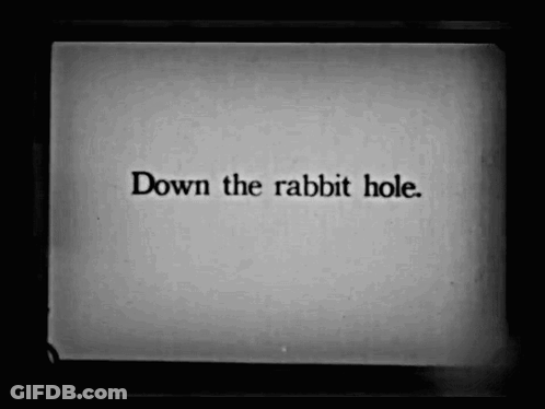 A Black And White Image With The Words Down The Rabbit Hole On It GIF