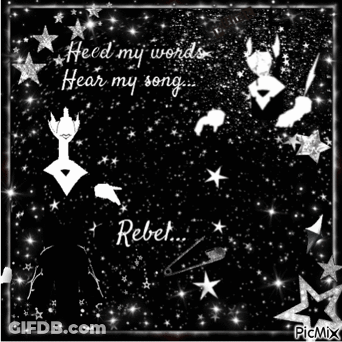A Black And White Image With The Words Feed My Words Hear My Song Rebel On It GIF